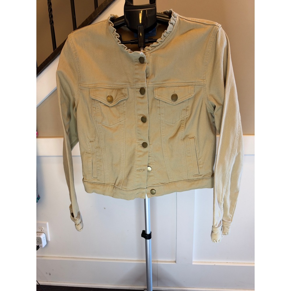 Draper James RSVP Tan Khaki Denim Jacket Ruffle Collar Womens XL Cropped Trucker